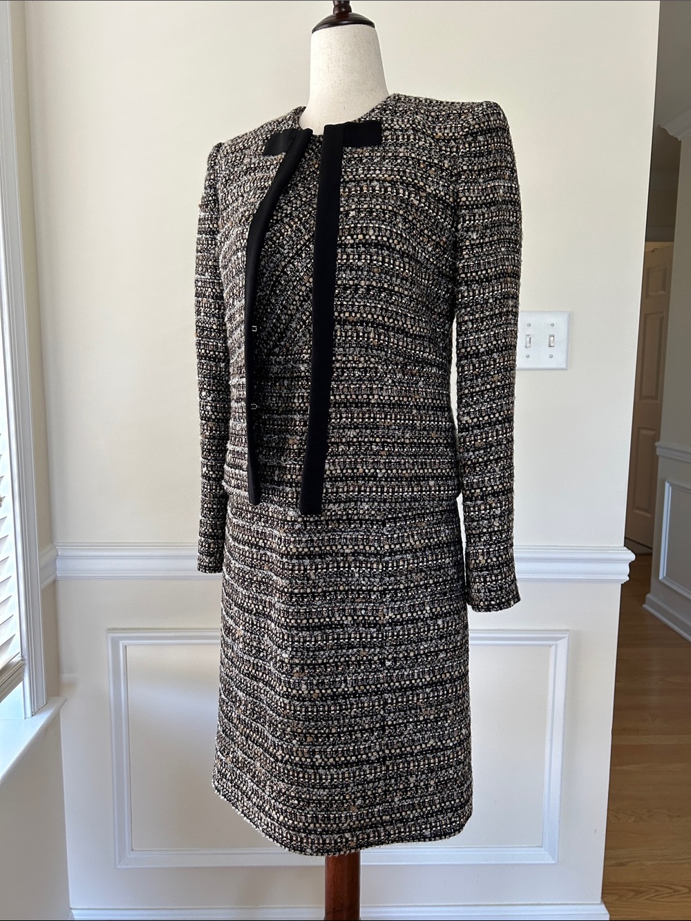 Brooks Brothers Black and Cream Tweed Long-Sleeve Dress with Jacket